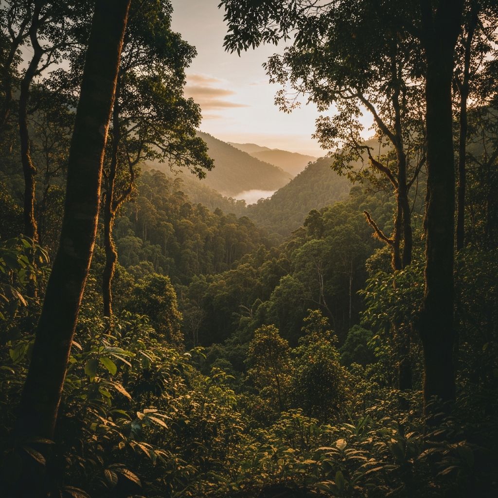 Hutan tropis lebat dengan cahaya keemasan di antara pepohonan