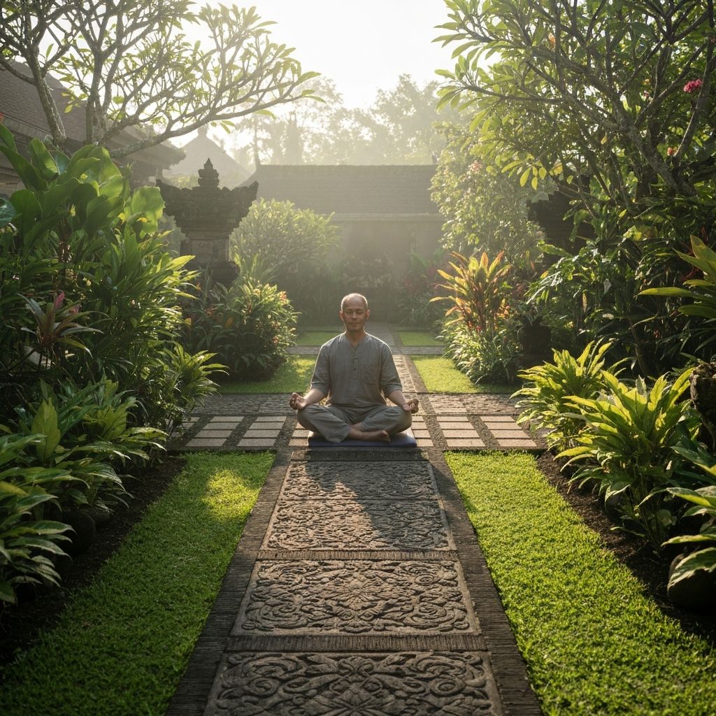 Pria bermeditasi di taman tradisional Indonesia dengan tanaman tropis dan jalan batu