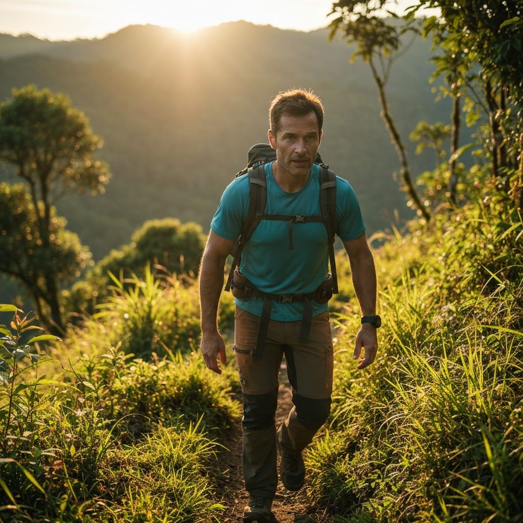 Seorang pria berjalan di jalur pegunungan hijau