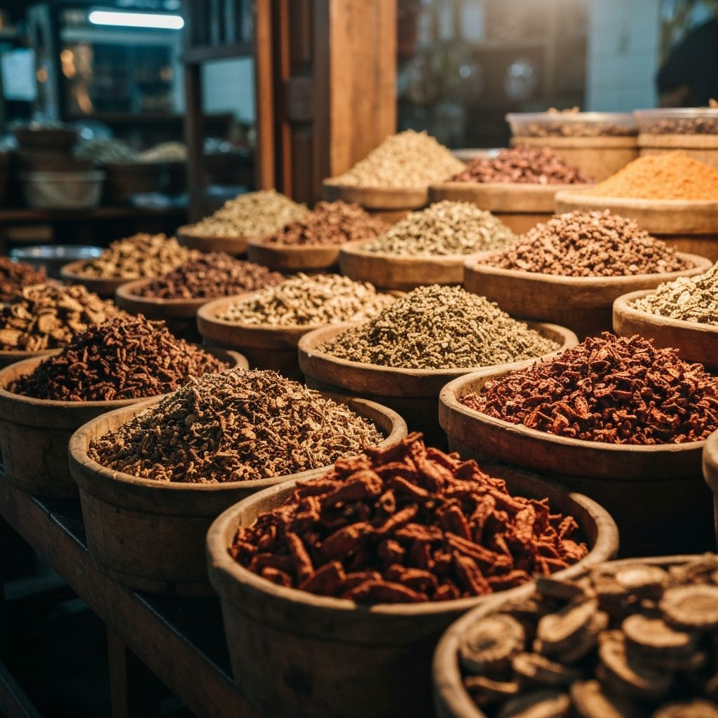 Pasar tradisional Indonesia dengan berbagai rempah dan tanaman herbal dalam wadah kayu