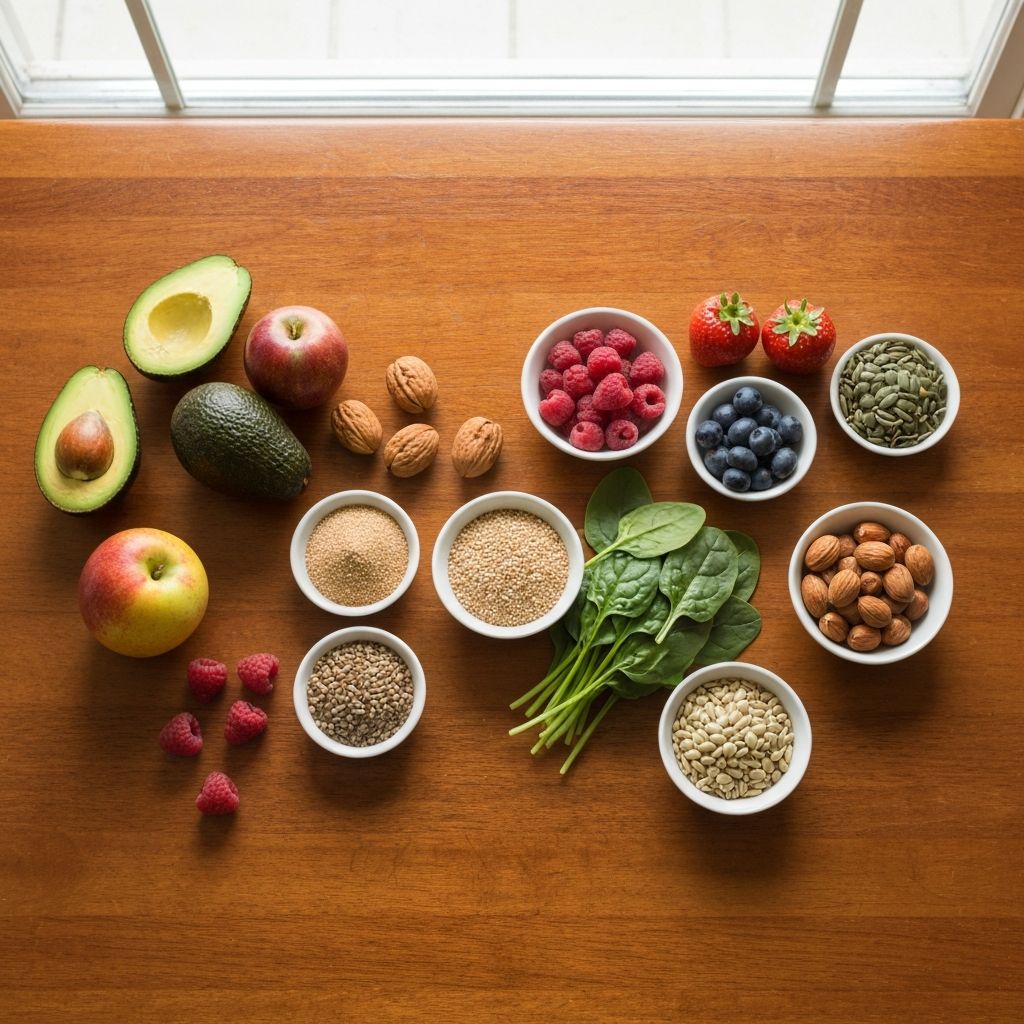 Buah dan sayuran segar berwarna cerah di atas meja kayu