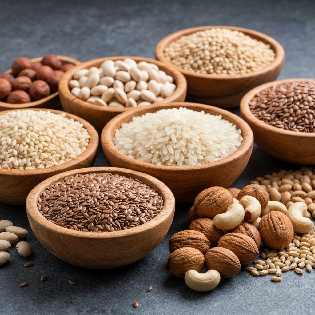 Aneka biji-bijian dan kacang-kacangan dalam mangkuk kayu